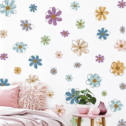 Bohemian Daisy Flower Wall Stickers Multicolor Self Adhesive PVC Wall Decals For Girls Bedroom Living Room Decorative Paper Poster