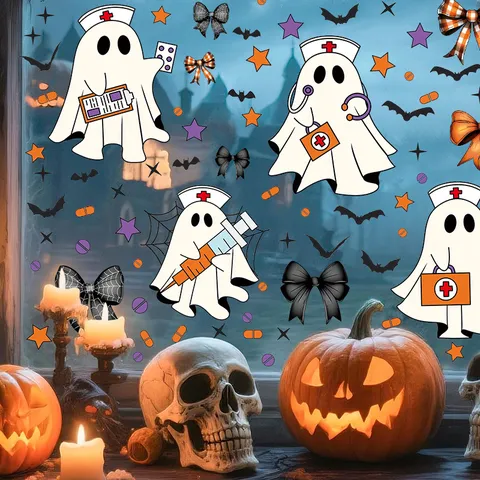 Halloween Statisch Haftend Fensteraufkleber Süß Schleife Geist Cartoon Fensterbilder PVC Bedruckt Halloween Party Haus Dekorationen