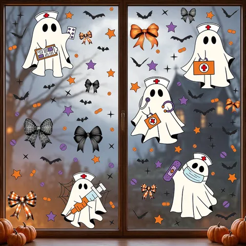 Halloween Statisch Haftend Fensteraufkleber Süß Schleife Geist Cartoon Fensterbilder PVC Bedruckt Halloween Party Haus Dekorationen