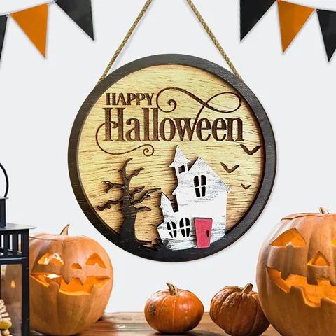 Halloween Wooden Sign Haunted House Withered Tree Wall Hanging Round Wood Art Happy Halloween Party Wall Decor Plaque