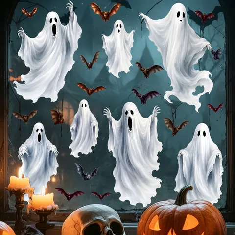 Halloween Statische Fensterbilder Weißer Geist Fledermäuse Fensteraufkleber PVC Dekofolie Für Wohnzimmer Festliche Party Haus Dekoration