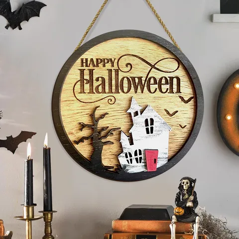 Halloween Wooden Sign Haunted House Withered Tree Wall Hanging Round Wood Art Happy Halloween Party Wall Decor Plaque