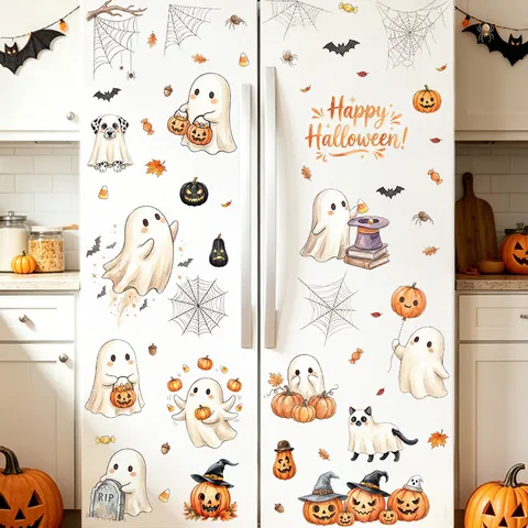 Αυτοκόλλητα Παραθύρου Halloween PVC Στατικό Αυτοκόλλητο Χαριτωμένα Λευκά Φαντάσματα Κολοκύθες Νυχτερίδες Decals Για Σπίτι Ψυγείο Γυαλί