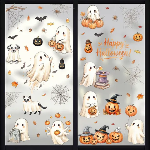 Αυτοκόλλητα Παραθύρου Halloween PVC Στατικό Αυτοκόλλητο Χαριτωμένα Λευκά Φαντάσματα Κολοκύθες Νυχτερίδες Decals Για Σπίτι Ψυγείο Γυαλί