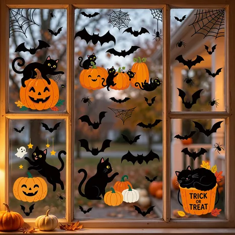 Halloween Window Clings Static Cling PVC Black Cat Pumpkin Bat Spider Web Ghost Festive Party Home Glass Decoration Stickers