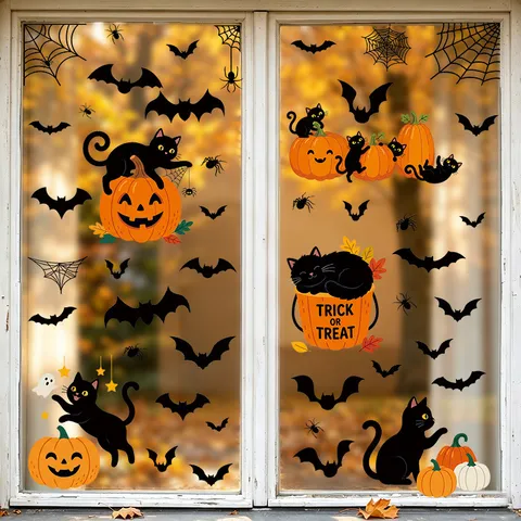 Halloween Window Clings Static Cling PVC Black Cat Pumpkin Bat Spider Web Ghost Festive Party Home Glass Decoration Stickers
