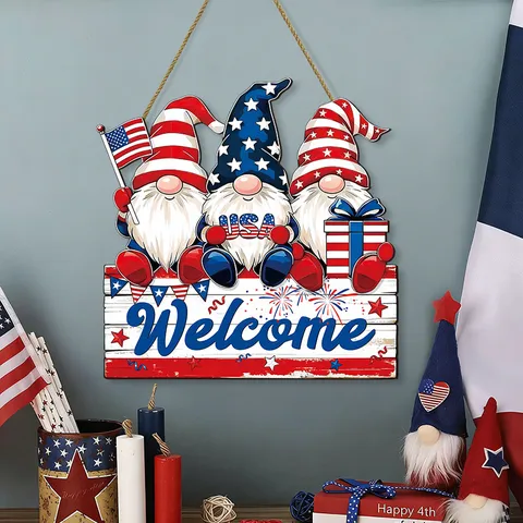 Plaque Suspendue en Bois Gnomes Patriotiques Welcome USA Suspension de Porte Fête de l'Indépendance Américaine Décoration Maison