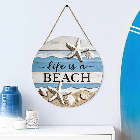 Mediterranean Style Wooden Round Hanging Sign Summer Ocean Beach Slogan Wall Plaque With Starfish Seashell For Living Room Home Decor