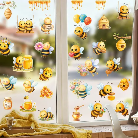 Cute Cartoon Bee Static Window Clings Honey World Honeybee Day Glass Sticker Flower Decoration For Spring Home Showcase Window Ornaments