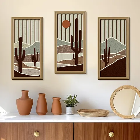 Holz Wüsten Wanddekoration 3er Set Kaktus Sonnenuntergang Ausgehöhlt Wandkunst Western Stil Wohnzimmer Dekor Bohemian Hängeschild