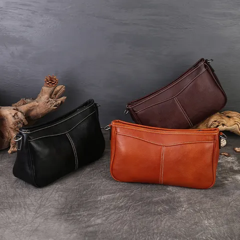 Women's Vintage Genuine Leather Underarm Bag Retro Casual Solid Color Zipper Shoulder Bag Female Commuter Handbag