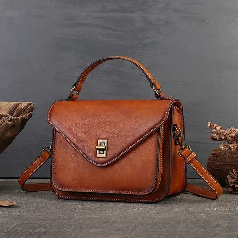 Vintage Genuine Leather Top Layer Cowhide Women Crossbody Bag Retro Envelope Messenger Bag Handbag Casual Shoulder Bag