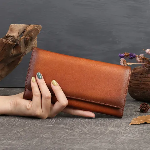 Women Genuine Leather Long Wallet Vintage Solid Color Snap Button Clutch Multipurpose Phone Bag Card Holder