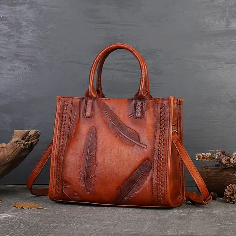 Genuine Leather Women Handbag Top Layer Cowhide Retro Feather Embossed Shoulder Bag Daily Casual Tote Bag