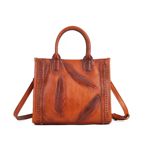 Genuine Leather Women Handbag Top Layer Cowhide Retro Feather Embossed Shoulder Bag Daily Casual Tote Bag