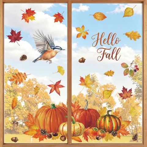 Adesivi per Finestra del Ringraziamento Autunnale Girasole Autunnale Foglie d'Acero Zucche Decalcomanie in Vetro PVC Statico Per Decorazioni Stagionali della Casa