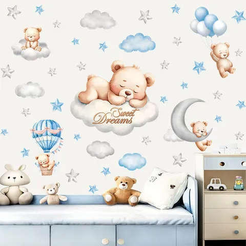 Bohemian Cute Cartoon Bear Παιδικό Δωμάτιο Wall Sticker PVC Self-Adhesive White Cloud Star Moon Nursery Room Wall Decor Decals