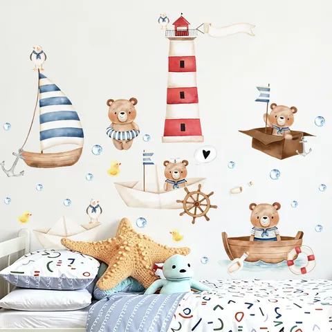 Bohemian Watercolor Bear Marine Ocean Wall Stickers Αυτοκόλλητα PVC Τοίχου για Παιδικό Δωμάτιο Υπνοδωμάτιο Διακόσμηση Σπιτιού