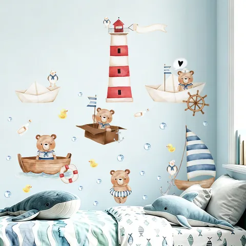 Bohemian Watercolor Bear Marine Ocean Wall Stickers Αυτοκόλλητα PVC Τοίχου για Παιδικό Δωμάτιο Υπνοδωμάτιο Διακόσμηση Σπιτιού