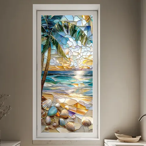 Summer Ocean Beach Whale Static Cling Window Film Stained Glass Effect Privacy Decorative PVC Film For Home Bathroom Office