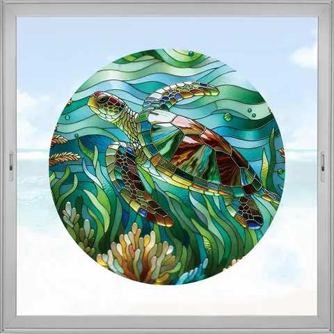 Pegatina de Ventana Estilo Vitral Tortuga Marina Película de Vidrio de PVC Estática Translúcida Decoración de Animales Marinos para Baño Cocina