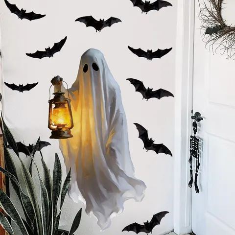 Halloween Ghost Bat Wall Sticker Self Adhesive PVC Window Decal Removable Horror Spooky Pattern Ornament For Holiday Home Party Decoration