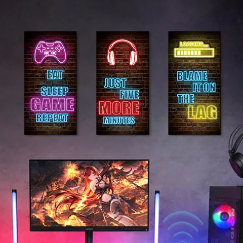 Neon Style Gamer Wooden Wall Decor Triple Gaming Signs For Bedroom Esport Room Home Office Gaming Wall Art Gift For Players