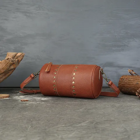 Vintage Genuine Leather Cylinder Bag Women Top Layer Cowhide Shoulder Crossbody Bag Rivet Casual Handbag