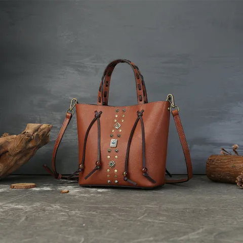 Genuine Leather Woven Bucket Bag For Women Retro Color Block Rivet Handbag Casual Shoulder Crossbody Bag