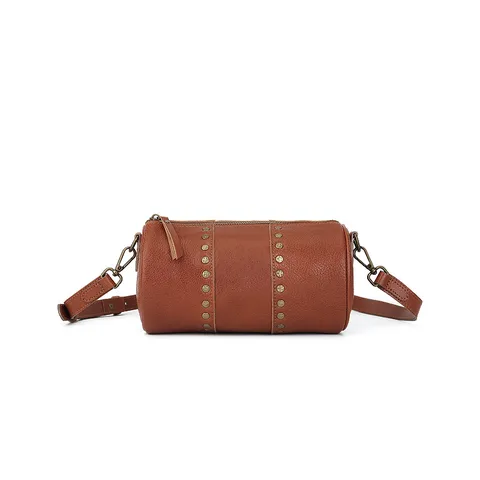 Vintage Genuine Leather Cylinder Bag Women Top Layer Cowhide Shoulder Crossbody Bag Rivet Casual Handbag
