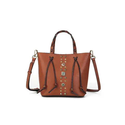 Genuine Leather Woven Bucket Bag For Women Retro Color Block Rivet Handbag Casual Shoulder Crossbody Bag