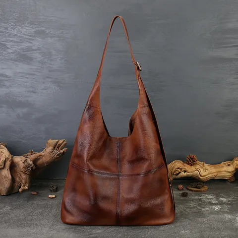 Retro Genuine Leather Tote Bag For Women Large Capacity Vintage Cowhide Shoulder Crossbody Bag Casual Commuter Handbag