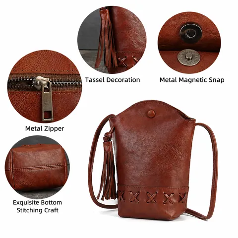 Vintage Cuir Véritable Femmes Sac Bandoulière Rétro Tissé Mini Sac Téléphone Portable Décontracté Goutte Saco Seau Sac à Main Quotidien