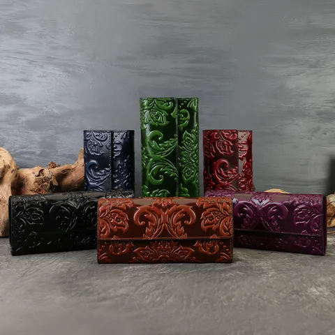 Genuine Leather Long Wallet For Women Three Fold Embossed Floral Large Capacity Clutch Purse Multi Card Slot
