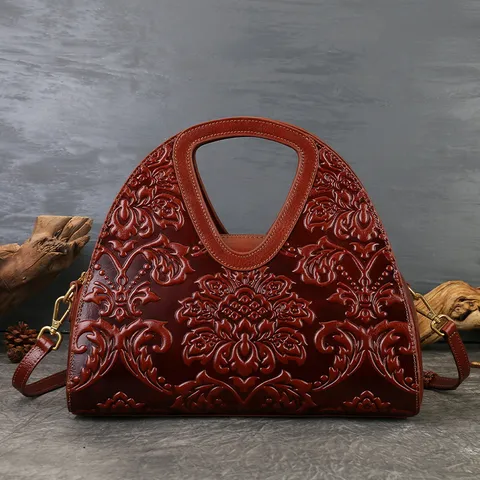 Women Genuine Leather Handbag Vintage Top Layer Cowhide Embossed Shoulder Crossbody Bag Retro Tote For Daily Commute