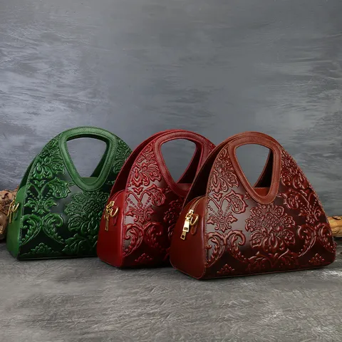 Women Genuine Leather Handbag Vintage Top Layer Cowhide Embossed Shoulder Crossbody Bag Retro Tote For Daily Commute