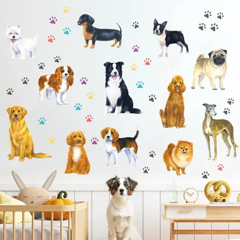 Linda Pegatina de Pared de Perro de Dibujos Animados Papel Tapiz Autoadhesivo de PVC Mural de Huellas de Cachorro para Habitación Infantil Dormitorio Decoración