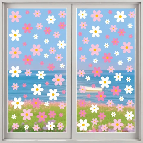 Adesivo Murale Margherita Rosa Bianco Bohémien PVC Autoadesivo Floreale Decalcomanie per Camera Bambini Camera da Letto Casa