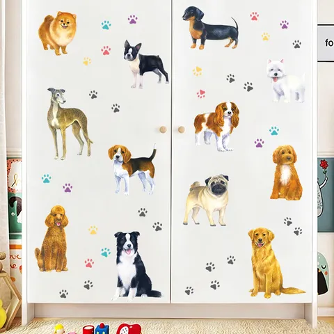 Süßer Cartoon Hund Wandaufkleber Selbstklebende PVC Tapete Kreative Welpen Pfotenabdrücke Wandtattoo Für Kinderzimmer Schlafzimmer Wohnkultur