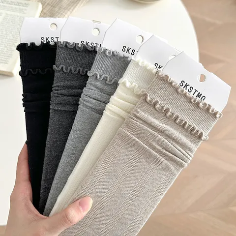 Women Casual Cotton Blend Crew Socks Solid Color Lettuce Edge Ruffle Stacked Socks College Style Daily Wear Hosiery