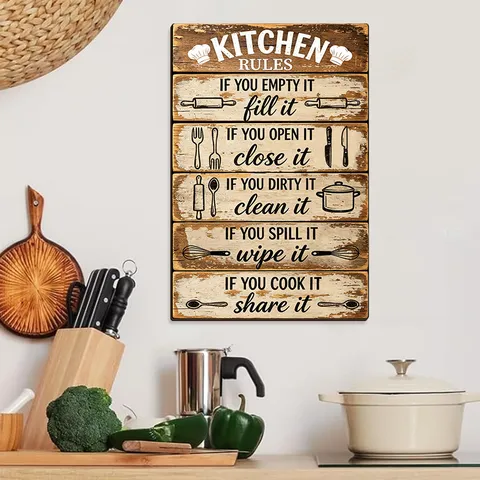 Vintage Holz Küchenregeln Hängendes Schild Rustikal Landhausstil Wand Dekor Plakette Für Zuhause Esszimmer Innen