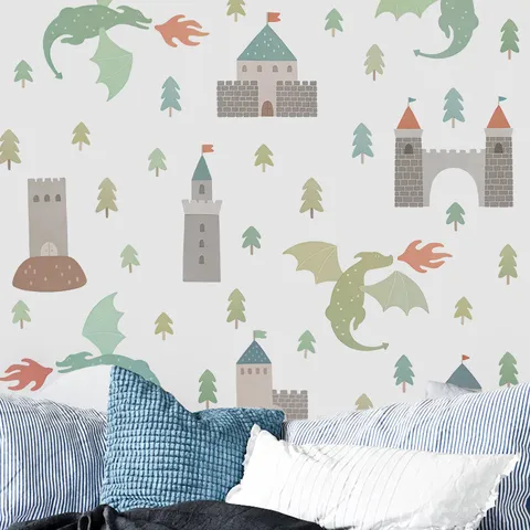 Bohemian Watercolor Dragon And Castle Wall Stickers Self Adhesive PVC Decorative Decals For Kids Bedroom Boys Nursery Room Home Decor