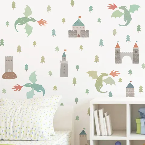 Bohemian Watercolor Dragon And Castle Wall Stickers Self Adhesive PVC Decorative Decals For Kids Bedroom Boys Nursery Room Home Decor