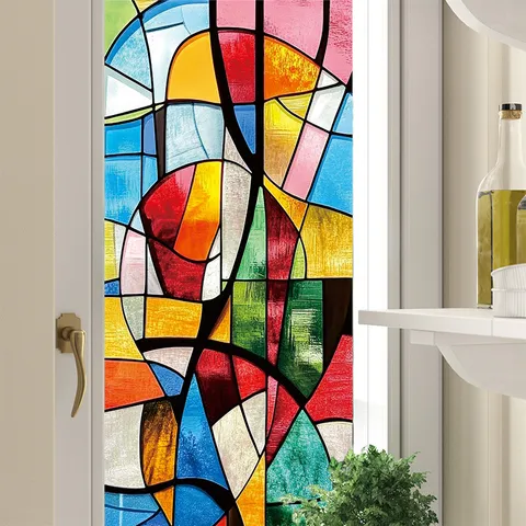 Retro Church Stained Glass Window Film Static Cling Geometric Colorful PVC Translucent Privacy Sticker For Home Window Decoration