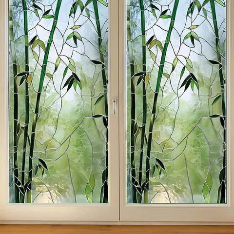 Static Cling Window Film Bamboo Forest Pattern Green Leaf Translucent Privacy Glass Sticker For Home Office Bathroom Decor