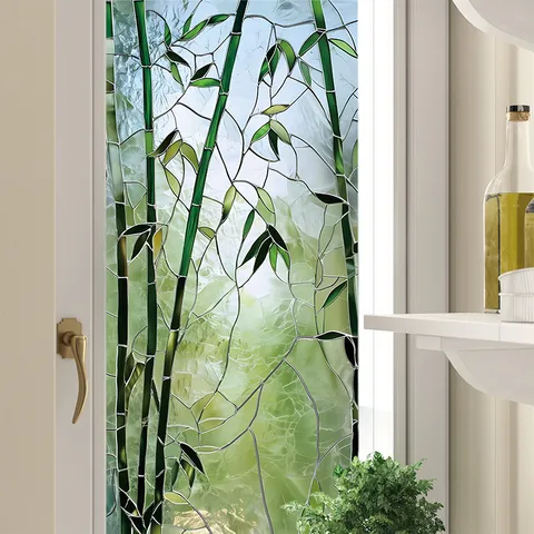 Static Cling Window Film Bamboo Forest Pattern Green Leaf Translucent Privacy Glass Sticker For Home Office Bathroom Decor