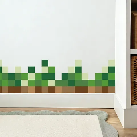 Pixel Style Grass Dirt Blocks Wall Border Sticker Self Adhesive PVC Geometric Baseboard Decal For Kids Bedroom Living Room Home Wall Decor