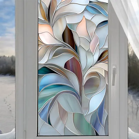 Abstract Geometric Window Film Static Cling Privacy Glass Sticker PVC Colorful Leaf Pattern For Home Decor Office Bathroom Sticker