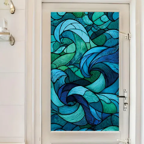 Abstract Geometric Window Film Static Cling Privacy Glass Sticker PVC Colorful Leaf Pattern For Home Decor Office Bathroom Sticker