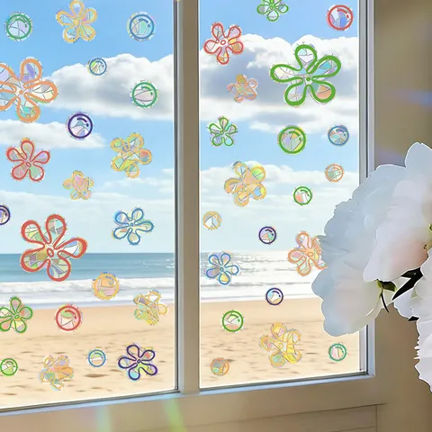 Holographic Laser Static Window Film Summer Ocean Bubble Flower Geometric Window Sticker Privacy Glass Cling For Home Living Room Bedroom Office Decor